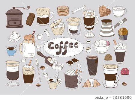 Set of hand drawn different types of coffee on the 53231600