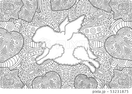 Romantic coloring book page with flying sheep 53231875