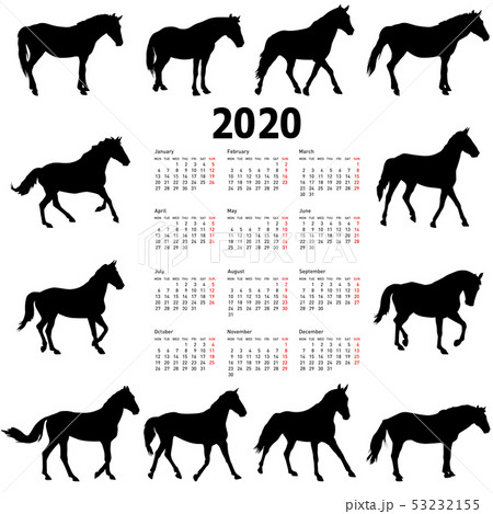 Calendar for 2020 of horse silhouettes isolated on 53232155