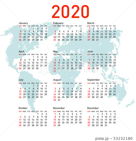 Calendar 2020 with world map. Week starts on 53232180
