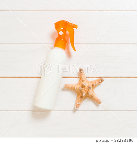 beach accessories on a wooden background top view 53233296