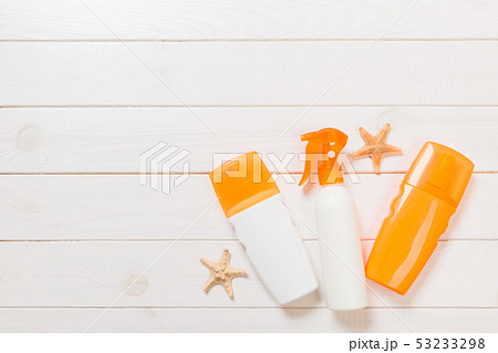beach accessories on a wooden background top view beach accessories on a wooden background top view 53233298