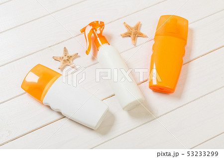 beach accessories on a wooden background top view 53233299