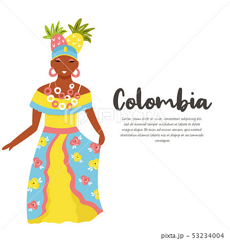 Colombian woman in traditional costume with fruits - Stock Illustration  [53234004] - PIXTA