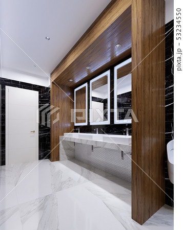 Wooden niche with mirrors, lights and sinks on the 53234550