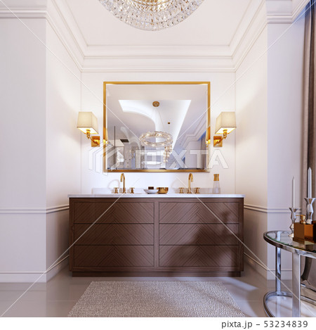 Modern wooden vanity with a mirror in a gold frame Modern wooden vanity with a mirror in a gold frame 53234839