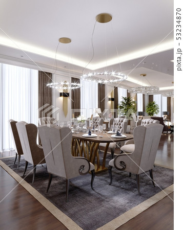 Luxurious dining room with a large table and soft 53234870
