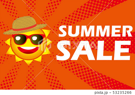 アニメ調の笑顔の太陽のイラスト サマーセール 販売促進素材 ポップ バナー 夏のイメージのイラスト素材