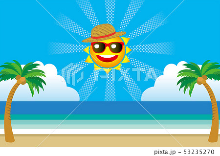 アニメ調の笑顔の太陽とヤシの木と海の風景のイラスト ポップ バナー素材 夏のイメージのイラスト素材