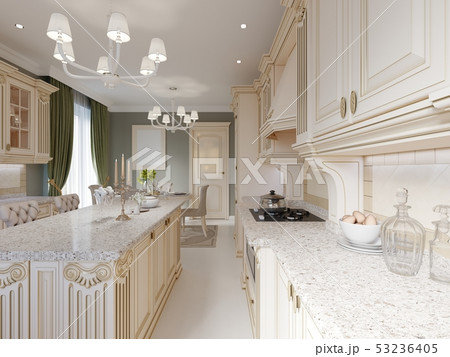 Classical design kitchen with beige and wood Classical design kitchen with beige and wood 53236405