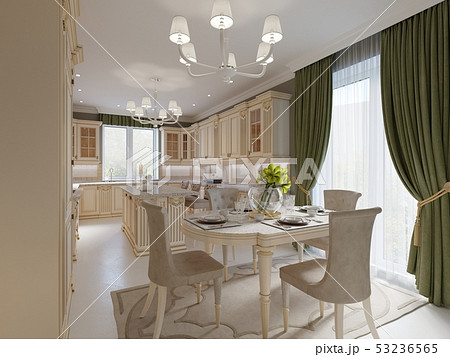 Bright beige luxury dining room with elegant Bright beige luxury dining room with elegant 53236565