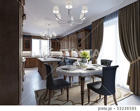 Kitchen and dining in luxury home with cherry wood 53236593