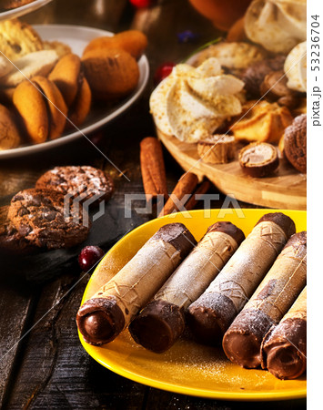 Cookies sweet food on breakfast. Crispy wafer rolls with cream Cookies sweet food on breakfast. Crispy wafer rolls with cream 53236704