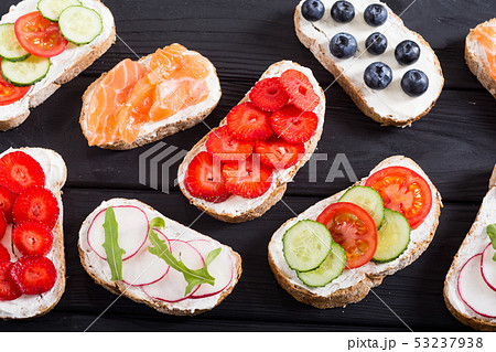 Variation of toast with fruit , vegetable and 53237938