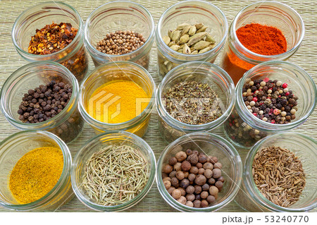 Twelve different spices and seasonings in jars Twelve different spices and seasonings in jars 53240770