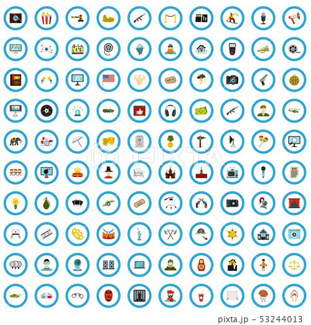 100 cinema product icons set, flat style 53244013