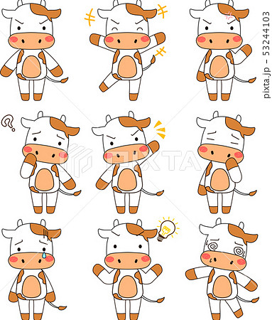 動物 乳牛 かわいい 全身 キャラクター 反応 ポーズ 表情 イラスト セットのイラスト素材