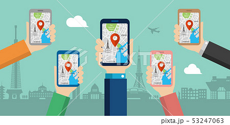 地図アプリを利用して東京観光しているイメージのwebバナー(観光・アプリ・地図・テクノロジー） 53247063