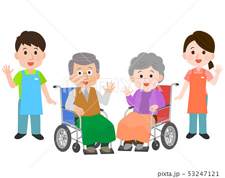 車椅子のおじいさんおばあさんを介助する介護士たち イラストのイラスト素材