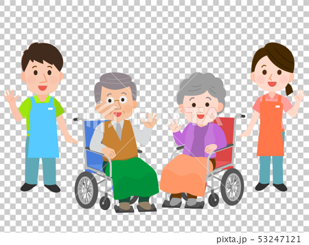 車椅子のおじいさんおばあさんを介助する介護士たち イラストのイラスト素材