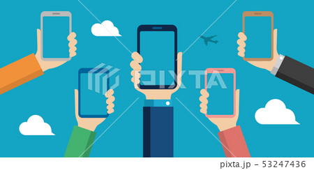 スマートフォンを皆で掲げるベクターイラスト スマホ画面部分デザインスペース のイラスト素材