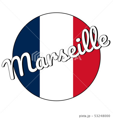 Round button Icon of national flag of France with red, white and blue colors and inscription of city 53248000