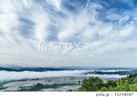 新潟県小千谷市池ケ原　空の雲と、霧が流れる田植えが終わったばかりの開拓田 53248087