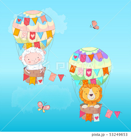 Postcard poster of a cute leon and lamb in a balloon with flags in cartoon style. Hand drawing. Postcard poster of a cute leon and lamb in a balloon with flags in cartoon style. Hand drawing. 53249653