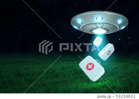 3d rendering of UFO in air at night with three doctor's medical cases falling down from its open 3d rendering of UFO in air at night with three doctor's medical cases falling down from its open 53250011