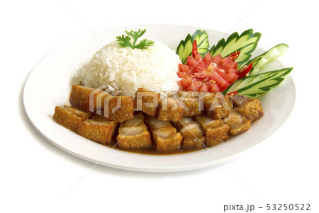 Crispy pork served with rice and sauce  53250522