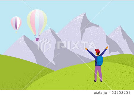 Adventure man with backpack welcomes balloons on 53252252