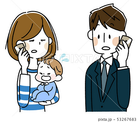 泣いた赤ちゃんを抱えてスマートフォンで会話する若い母親とスーツの男性のイラスト素材