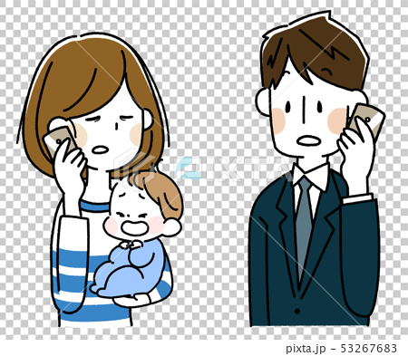 泣いた赤ちゃんを抱えてスマートフォンで会話する若い母親とスーツの男性 53267683