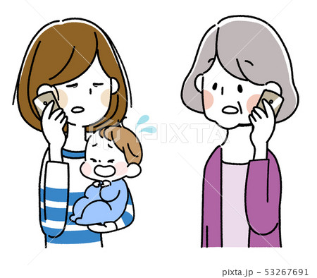 泣いた赤ちゃんを抱えてスマートフォンで会話する若い母親とシニア女性のイラスト素材