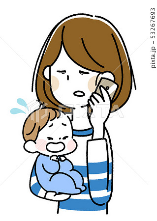 泣いた赤ちゃんを抱えてスマートフォンで会話する若い母親のイラスト素材