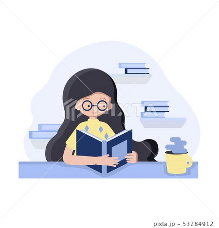 Girl in flat style sitting on the table with book 53284912