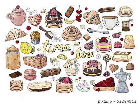 Big set of tea, pastry and sweets isolated on Big set of tea, pastry and sweets isolated on 53284913