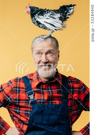 old tired farmer is carzy about farm animals 53284940