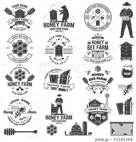 Set of Honey bee farm badge. Vector. Concept for print, stamp or tee. Vintage typography design with 53285368