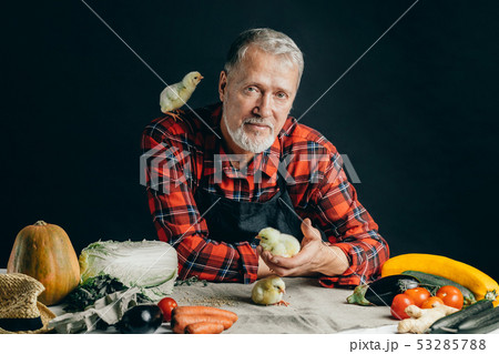 old man is broadcastinfg a television program about farming 53285788