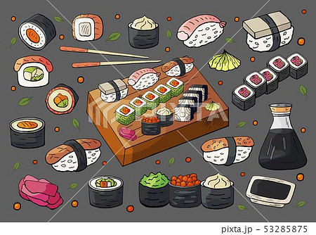 Hand drawn japan sushi and rolls sets. Vector big 53285875