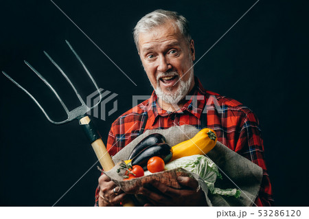 emotional hardworking man with berad standing with abundant rich harvest 53286120