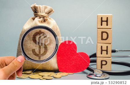 Wooden blocks with the word HDHP and money bag Wooden blocks with the word HDHP and money bag 53290852