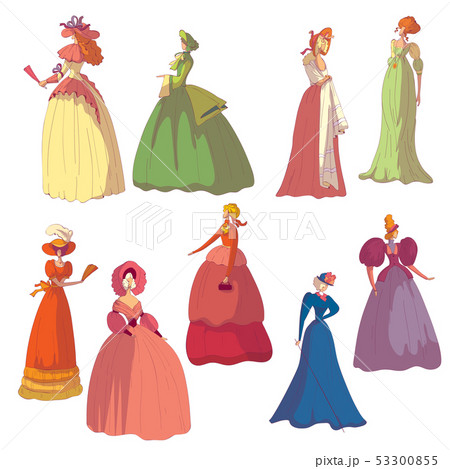 Set of images of women in vintage dresses. Vector illustration on white background. 53300855