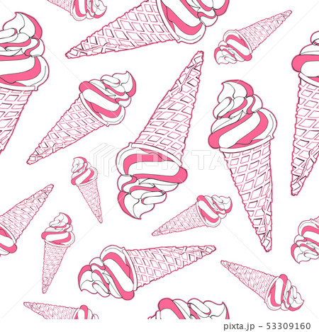 Vector seamless pattern. Endless texture in pink and white colors with ice creams in waffle cones 53309160