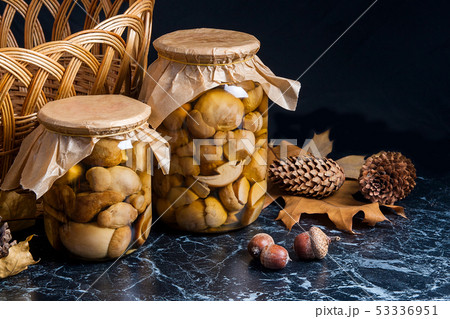 Two glass jars with wild marinated mushrooms on Two glass jars with wild marinated mushrooms on 53336951