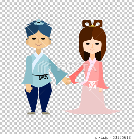 織姫と彦星が手をつないで微笑んでいる七夕のイベント用イラスト  53355618