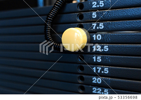 weight stack in a gym. Gym equipment 53356698
