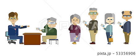 高齢ドライバーが順番に並んで公務員に免許証を返納している場面のイラスト 高齢ドライバーが順番に並んで公務員に免許証を返納している場面のイラスト 53356906