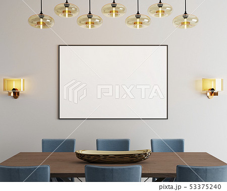 Mockup poster on the wall above the dining table. 53375240